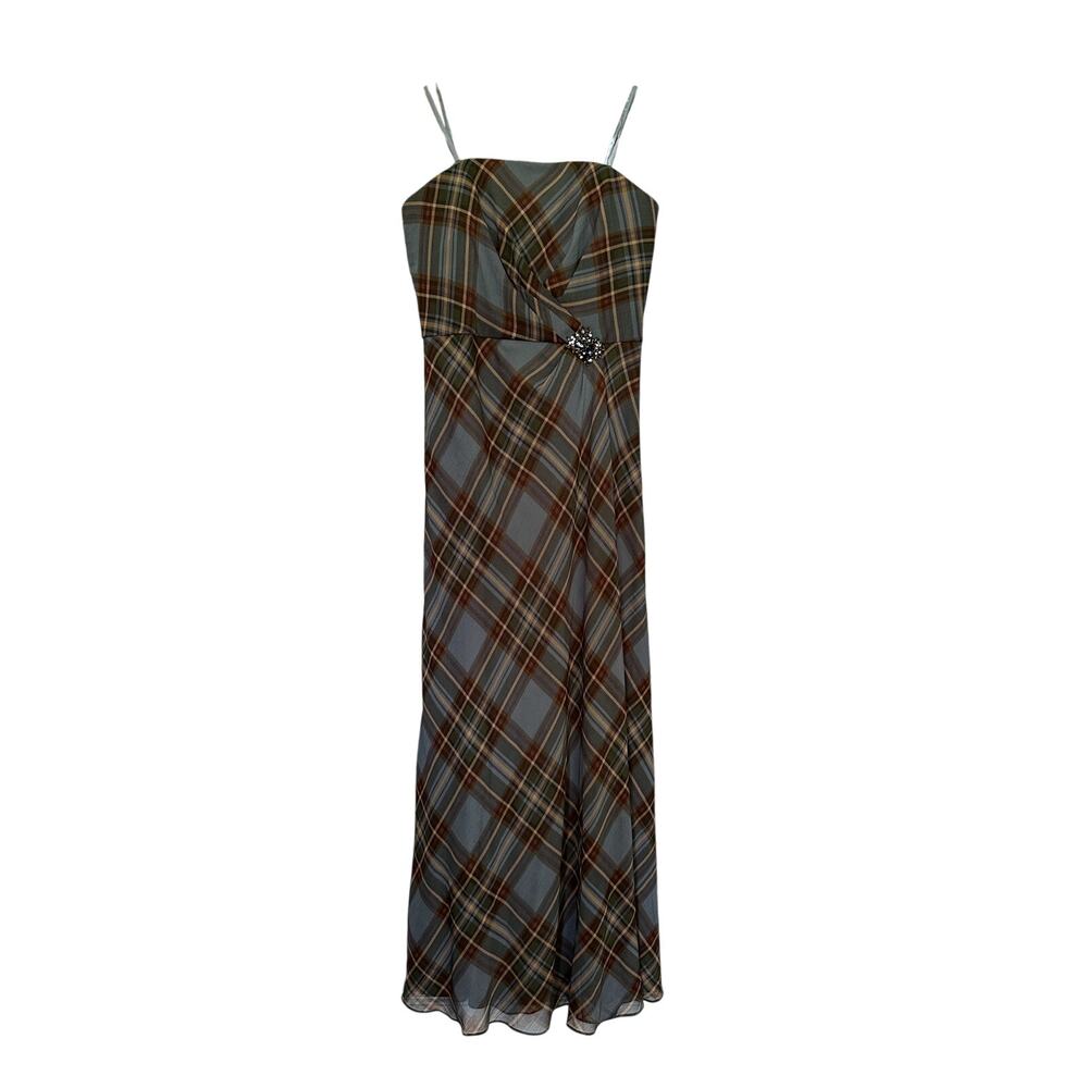 Lauren Ralph Lauren Plaid Crinkle Georgette Strapless Gown In Blue Multi Size 8